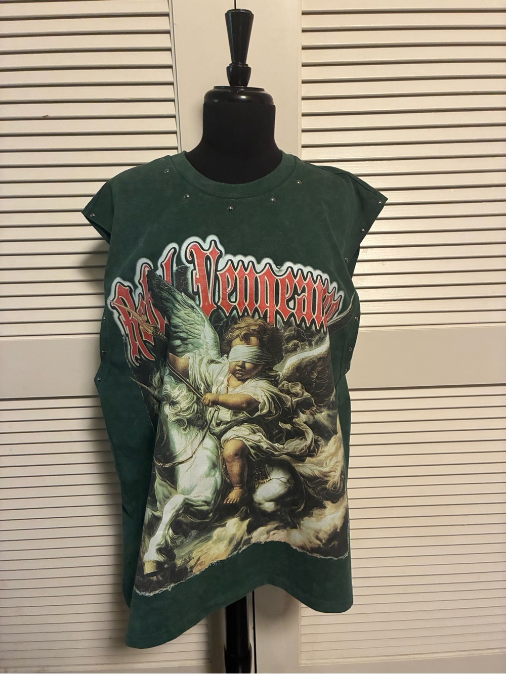 Dark Green Graphic Muscle Tee with Angel Print